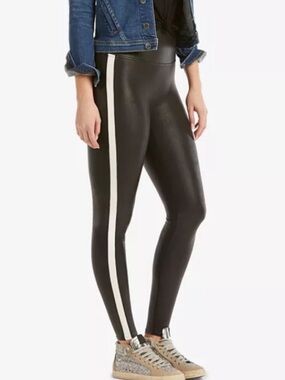 SPANX Black Faux Leather High-Waist Leggings with White Side Stripe